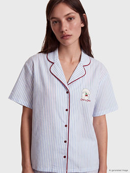 G?mlek Yaka ?izgili Kad?n ?ortlu Pijama Tak?m?