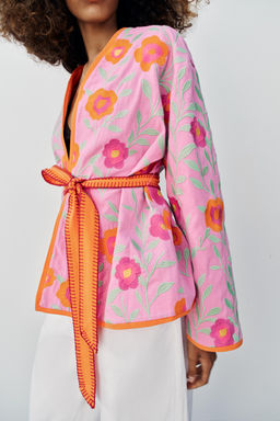 KIMONO CINTUR?N BORDADOS FLORES / Rosa - Zara фото 3