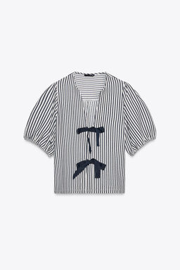 LINEN BLEND TIE BLOUSE