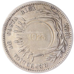 Монета 50 сентимо 1923 года надчекан на 20 сентимо 1893 года Коста-Рика