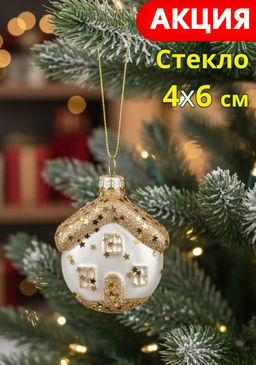 Игрушка елочная, 4х6 см, стекло, золотистая, Домик, New year