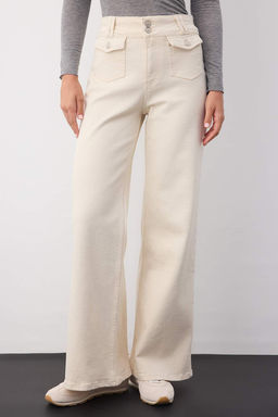 Wardrobe Essentials Ekru Yuksek Bel Cep Detayl? Comfort Esnek Wide Leg Palazzo Jeans TWOAW26JE00120