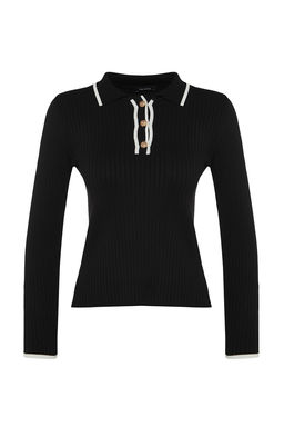 Siyah Merserize Gorunumlu Premium/Ozel Iplik Polo Yaka Triko Kazak TWOAW24KZ00808 - Trendyolmilla фото 6