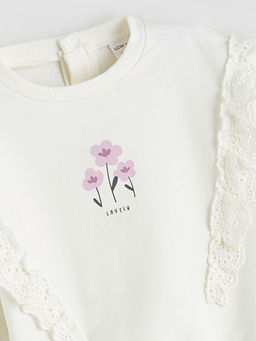 Bisiklet Yaka ?i?ekli K?z Bebek Sweatshirt ve Tayt 2li