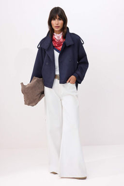 Lacivert Regular Dik Yaka Kemerli K?sa Suet Trenckot TWOSS26TR00009