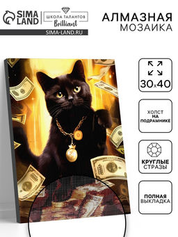 Алмазная вышивка полное заполнение Кот на удачу, на раме 30?40 см