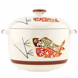 Супница фарфоровая Улов 1л, д13,5см, h10см, общая h13,5см, с крышкой, 2 ручки, с деколью, молочный, в коробке (Китай)