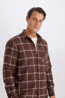 Фланелевая рубашка стандартного кроя с воротником поло и длинными рукавами в клетку - Defacto фото 3