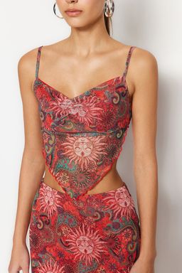 Trendyolmilla Ekru Bask?l? S?rt? Capraz Ask?l? Asimetrik Etek Uclu Tul Orme Bluz TWOSS23BZ00566 фото 22