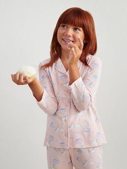 G?mlek Yaka Bask?l? K?z ?ocuk Pijama Tak?m?