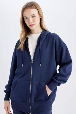 Oversize Genis Kal?p Kapusonlu Cepli Basic Duz Fermuarl? Sweatshirt - Defacto фото 6