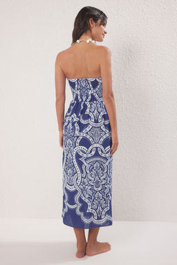 Trendyolmilla Cini Desenli Straplez Maxi Dokuma %100 Pamuk Plaj Elbisesi TBESS25EL00093 фото 10