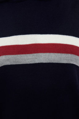 Lacivert Slim Dar Kesim Kapusonlu Cizgili Triko Kazak TMNAW21KZ0517