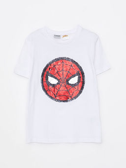 Bisiklet Yaka Spiderman Bask?l? ?ift Y?nl? Payetli K?sa Kollu Pamuklu Erkek ?ocuk Ti??rt