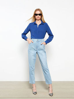 Kad?n Y?ksek Bel Rahat Kal?p D?z Jean Pantolon