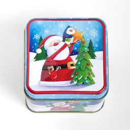 Шкатулка металл квадрат "Дед Мороз с ёлочкой" 7,7х7,7х6,3 см