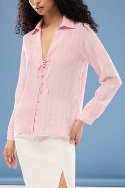 TRENDYOLMILLA Pembe Cizgili Dokulu Baglama Detayl? Regular Normal Kal?p Dokuma Gomlek TWOSS25GO00053  фото 4