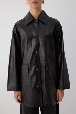 Wardrobe Essentials Koyu Kahverengi Suni Deri Oversize Midi Trenckot TWOAW26TR00009 - Trendyolmilla фото 3