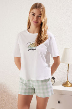 Trendyolmilla Mint %100 Pamuklu Ekoseli Sortlu Orme Pijama Tak?m? THMSS25PT00182  фото 3