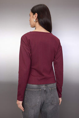 Bordo Cizgili Baglama Detayl? Uzun Kol Kay?k Yaka Orme Bluz TWOAW26BZ00326 - Trendyolmilla фото 4