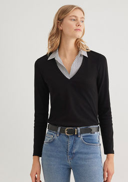 Gomlek Yaka Detayl? Siyah Tisort - Mavi фото 2