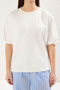 TRENDYOLMILLA Ac?k Sar? %100 Pamuk Balon Kol Oversize/Genis Kesim Orme T-Shirt TWOSS25TS00041  фото 3