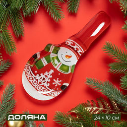 Подставка новогодняя под ложку Доляна Снеговик, 24?10 см, стекло, красная