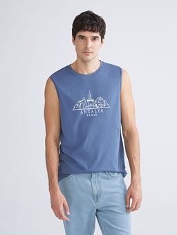 Bisiklet Yaka Bask?l? Erkek Kolsuz Ti??rt