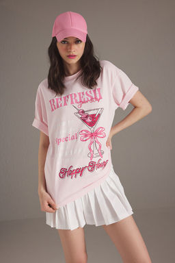 TRENDYOLMILLA Ac?k Pembe %100 Pamuk Kokteyl Bask?l? Oversize/Genis Kesim Orme T-Shirt TWOSS25TS00163 фото 2