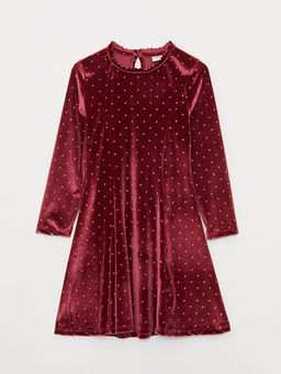 Bisiklet Yaka Puantiyeli Uzun Kollu Kadife K?z ?ocuk Elbise
