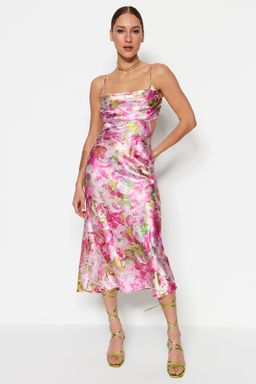 TRENDYOLMILLA Pembe-Cok Renkli Cicek Desenli Dokuma Saten S?k Abiye Elbise TPRSS23EL00305  фото 3