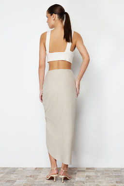 TRENDYOLMILLA Bej Buzgu Detayl? Pamuk Keten Kar?s?ml? Midi Boy Dokuma Etek TWOSS24ET00070  фото 7