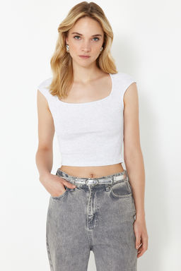 Gri Melanj fitted/vucuda Oturan Fitilli Esnek Orme Bluz TWOSS24BZ00641