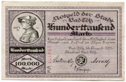 100000 марок 1923 года Германия Нотгельд (Бад-Тёльц)