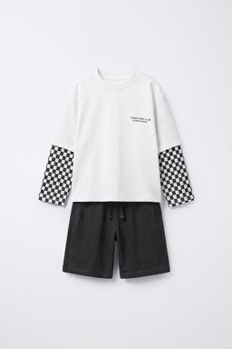 DOUBLE SLEEVE T-SHIRT AND CHECKERBOARD BERMUDA SHORTS SET