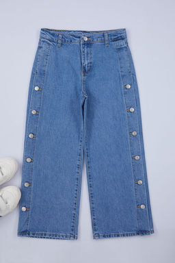 Mavi K?z Cocuk Genis Paca Islemeli Pamuklu Lastikli Denim Pantolon TKDAW25PL00000 - Trendyolmilla фото 2