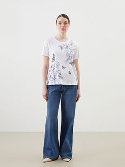 Bisiklet Yaka ?i?ekli Kad?n Ti??rt