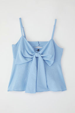 Ac?k Mavi Keten Gorunumlu Fiyonk Detayl? Ask?l? Dokuma Bluz TWOSS25BZ00249
