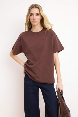 TRENDYOLMILLA Ekru %100 Pamuk Premium Oversize/Genis Kal?p Bisiklet Yaka Orme T-Shirt TWOSS23TS00040  фото 81