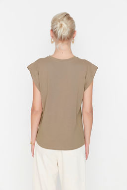 TRENDYOLMILLA Siyah %100 Pamuk Vatka Gorunumlu Basic Bisiklet Yaka Orme T-Shirt TWOSS20TS0021  фото 27