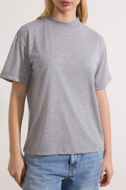 Lacivert-Gri Melanj 2li Paket %100 Pamuk Basic Dik Yaka Orme T-Shirt TWOSS20TS1500