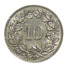 Монета 10 раппенов 1924 года Швейцария