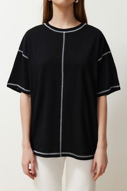 Siyah %100 Pamuk Karkoya Dikis Detayl? Oversize/Genis Kesim Orme T-Shirt TWOSS24TS00184