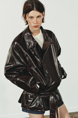 FAUX LEATHER SHORT TRENCH COAT
