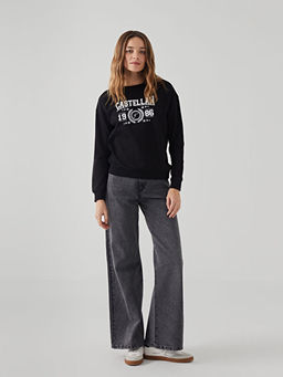 Bisiklet Yaka Bask?l? Kad?n Sweatshirt