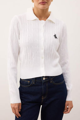 Beyaz At Nak?sl? Polo Yaka Sac Orgu Triko Kazak TWOAW26HI00290