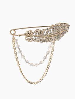 Булавка «Перо с цепочкой и жемчугом», в стразах, L=7.5 см, белая в золоте