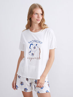 Bisiklet Yaka Bask?l? Kad?n ?ortlu Pijama Tak?m?