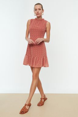 TRENDYOLMILLA Kiremit Cicekli A Kesim F?rf?rl? Astarl? Mini Dokuma Elbise TWOSS20EL0681  фото 9