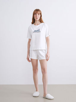 Bisiklet Yaka Bask?l? Kad?n ?ortlu Pijama Tak?m?